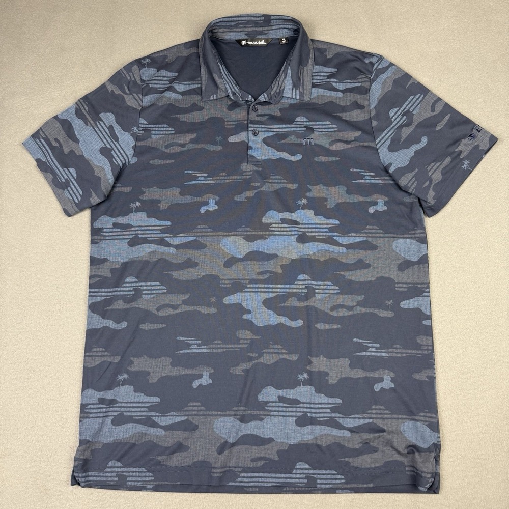 Travis Mathew Polo Shirt Mens 2XL Blue Camo Pima Cotton Golf‎ Beachside Stealth